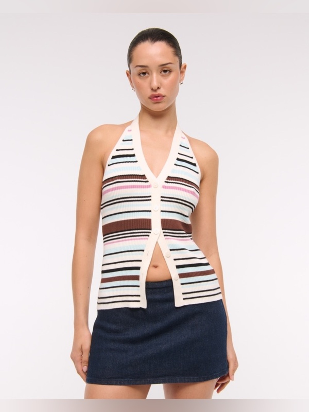 A&F Striped Knit Halter Button-Front Top in Cream, Brown, Pink & Blue